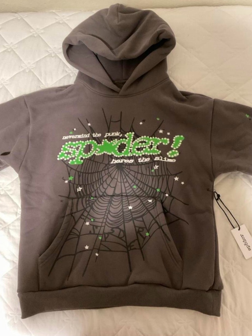 Gray Pullover Hoodie with Green Spider Graphic